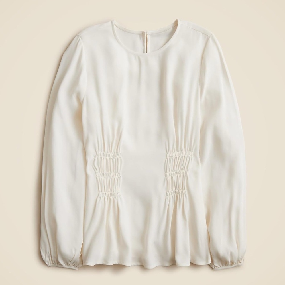 Cream Long Sleeve Ruched Blouse with Mandarin Collar